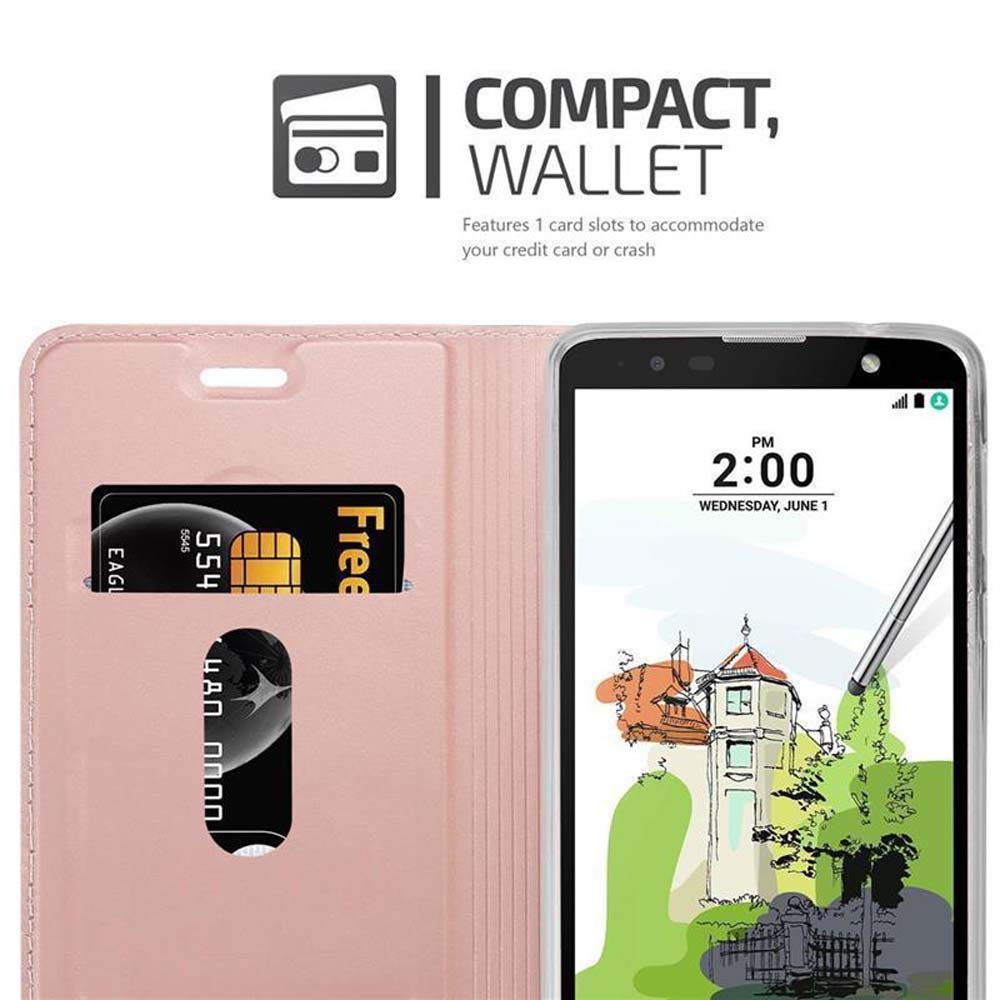 Una custodia per telefono a portafoglio rosa con slot per carte e uno smartphone.