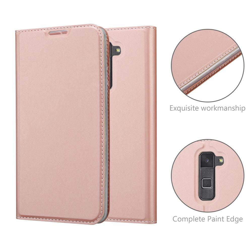 Una custodia per telefono color oro rosa mostrata da due angolazioni con dettagli.