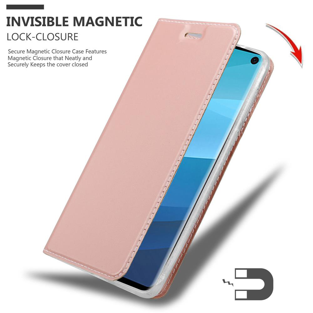 Eine rosafarbene Handyhülle mit magnetischem Verschluss, die ein Smartphone zeigt.
