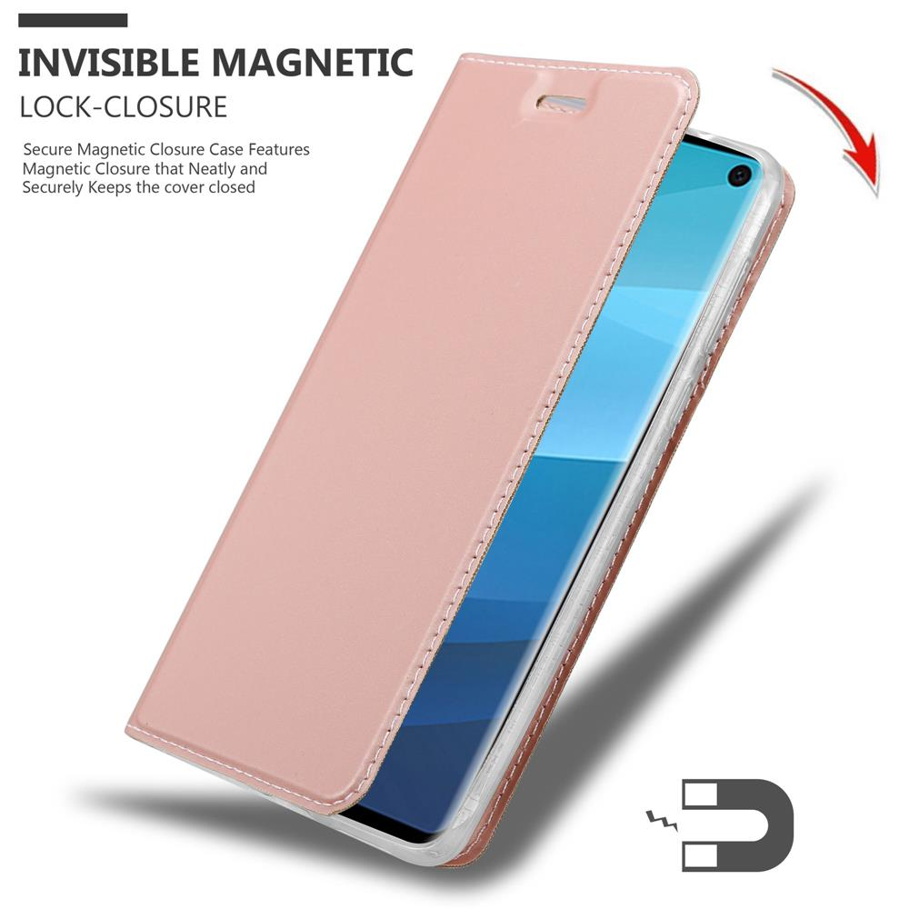 Eine rosafarbene Handyhülle mit magnetischem Verschluss, die ein Smartphone schützt.