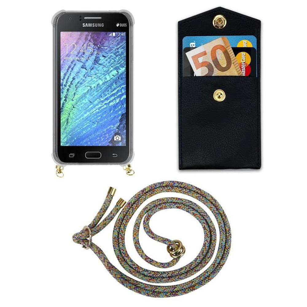 Un telefono Samsung, portafoglio nero con contanti e carte, e un cordino colorato.