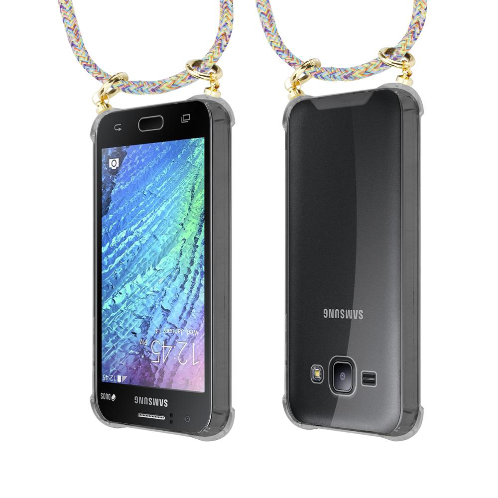 Due telefoni Samsung in custodie trasparenti con cordini colorati.