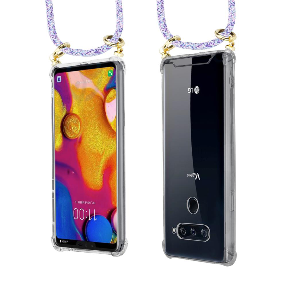 Ein klares Handyhülle mit Band, Vorder- und Rückansicht des LG V40 ThinQ