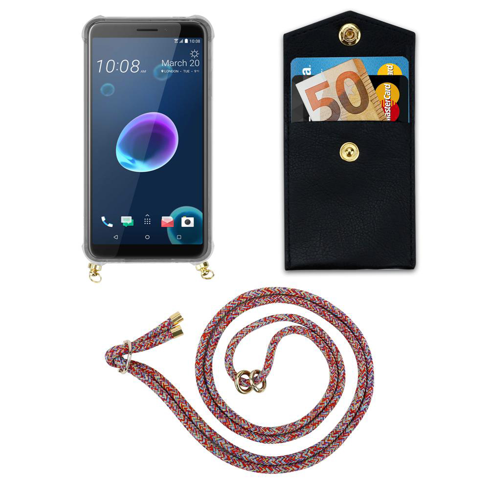 Smartphone mit Hülle, schwarzes Portemonnaie mit Geldschein und Karten, bunte Kordel.