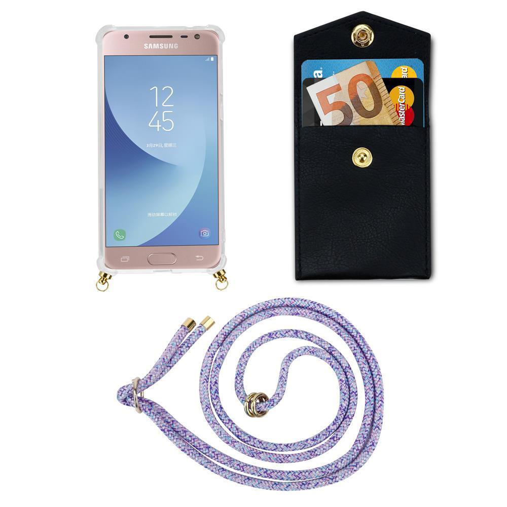 Telefono Samsung con custodia, portafoglio con soldi e carte, cordino viola.