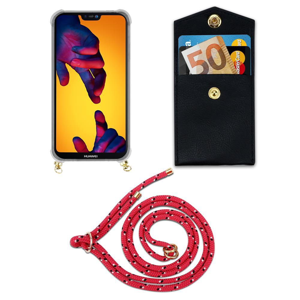 Smartphone con custodia, portafoglio con soldi e carte, corda rossa.