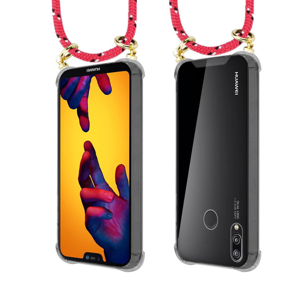 Due telefoni Huawei con laccetti rossi, uno mostra lo schermo, l'altro il retro.