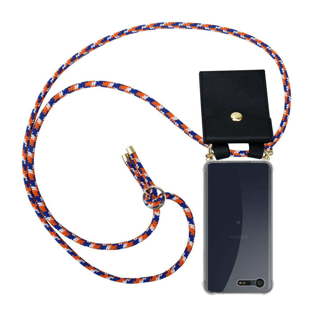 Funda de teléfono con cordón trenzado azul, naranja y blanco y cartera negra.