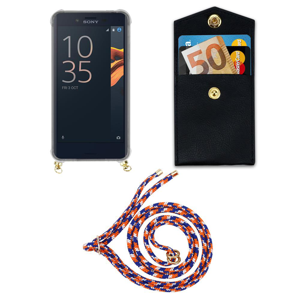 Smartphone con funda, billetera negra con dinero y tarjetas, cordón.