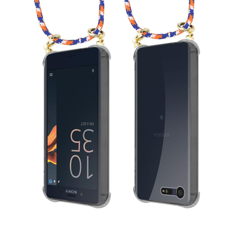 Dos vistas de un smartphone con un cordón multicolor.