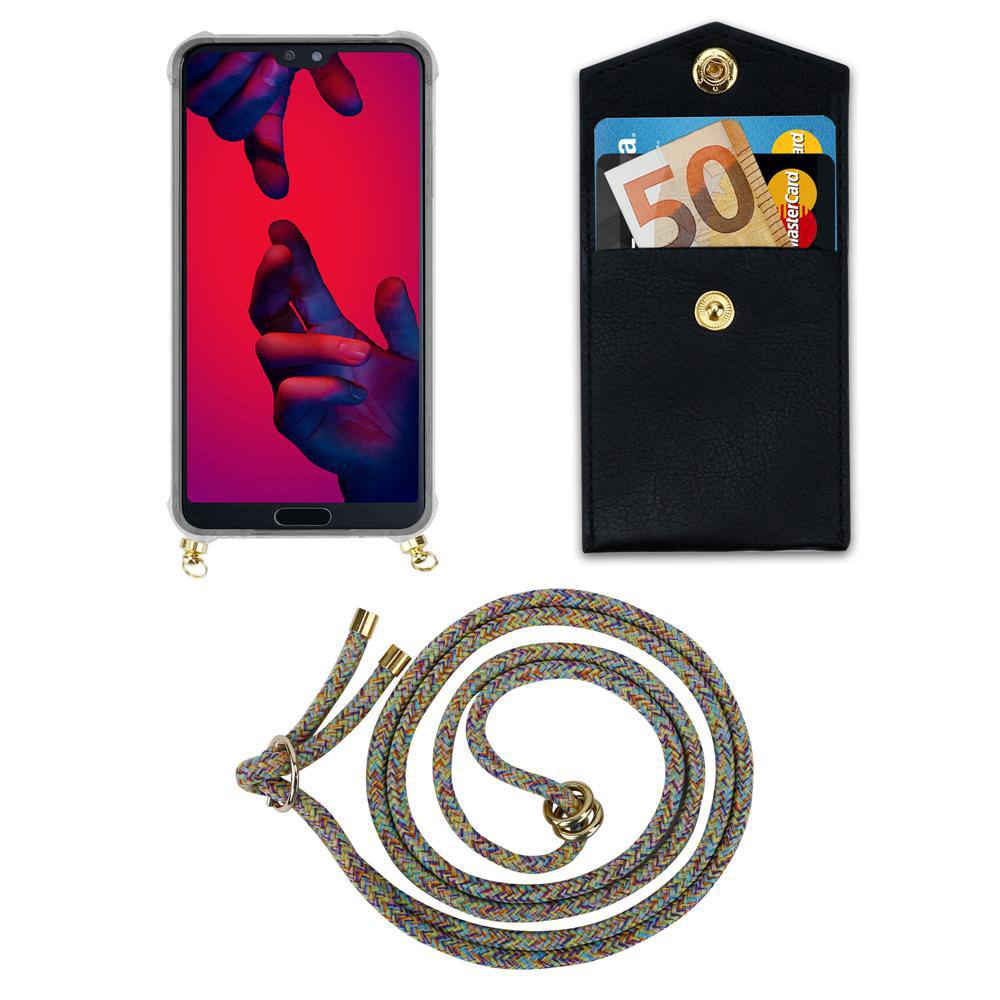 Uno smartphone in custodia, un portafoglio nero con carte e denaro, e un laccetto colorato.