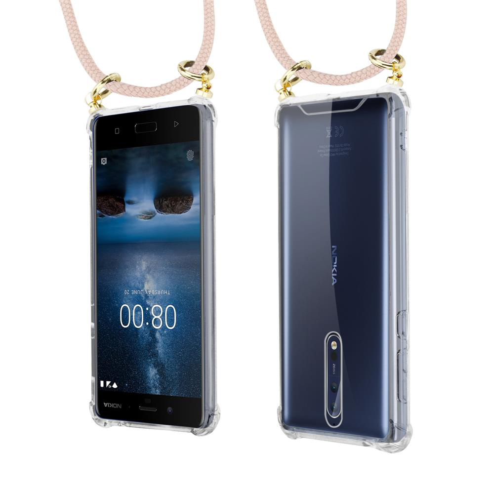 Klare Hülle am Nokia-Handy mit rosa Trageband. Vorderseite zeigt Bildschirm, Rückseite Logo.