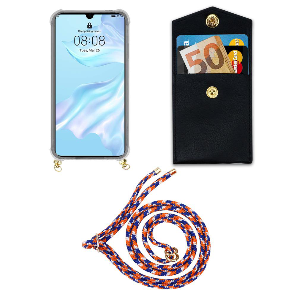 Smartphone con custodia, portaoggetti in pelle con soldi e carte, e corda.