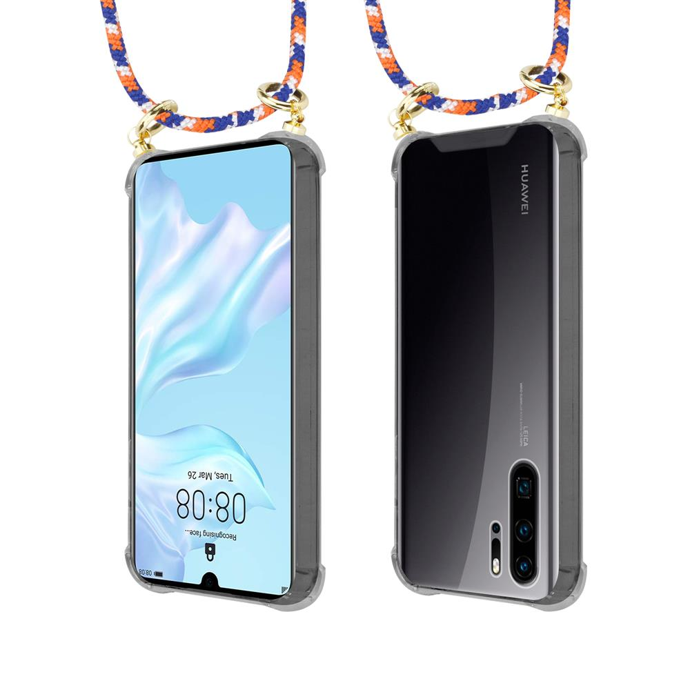 Uno smartphone con cordino, vista frontale e posteriore. Cornice grigia.