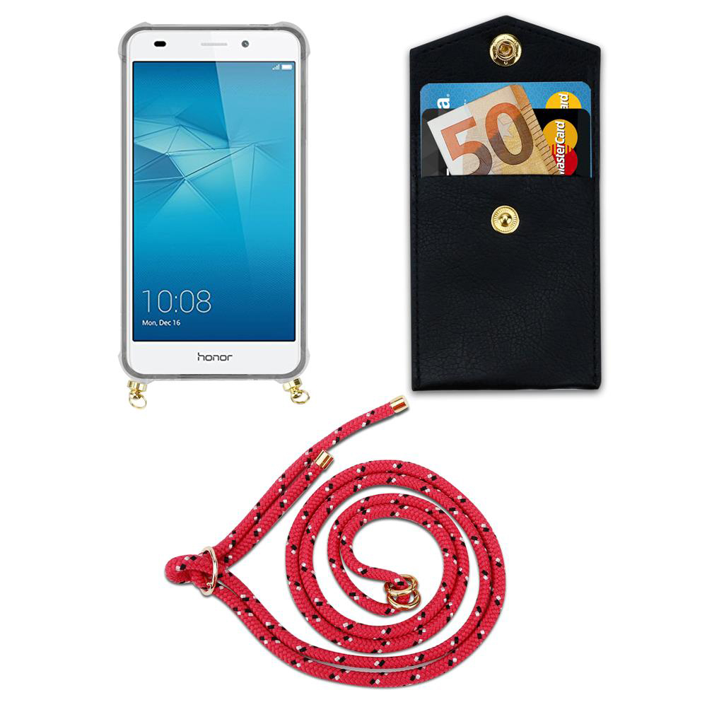 Ein Smartphone mit Hülle, eine schwarze Tasche mit Geld und Karten, und eine rote Schnur.
