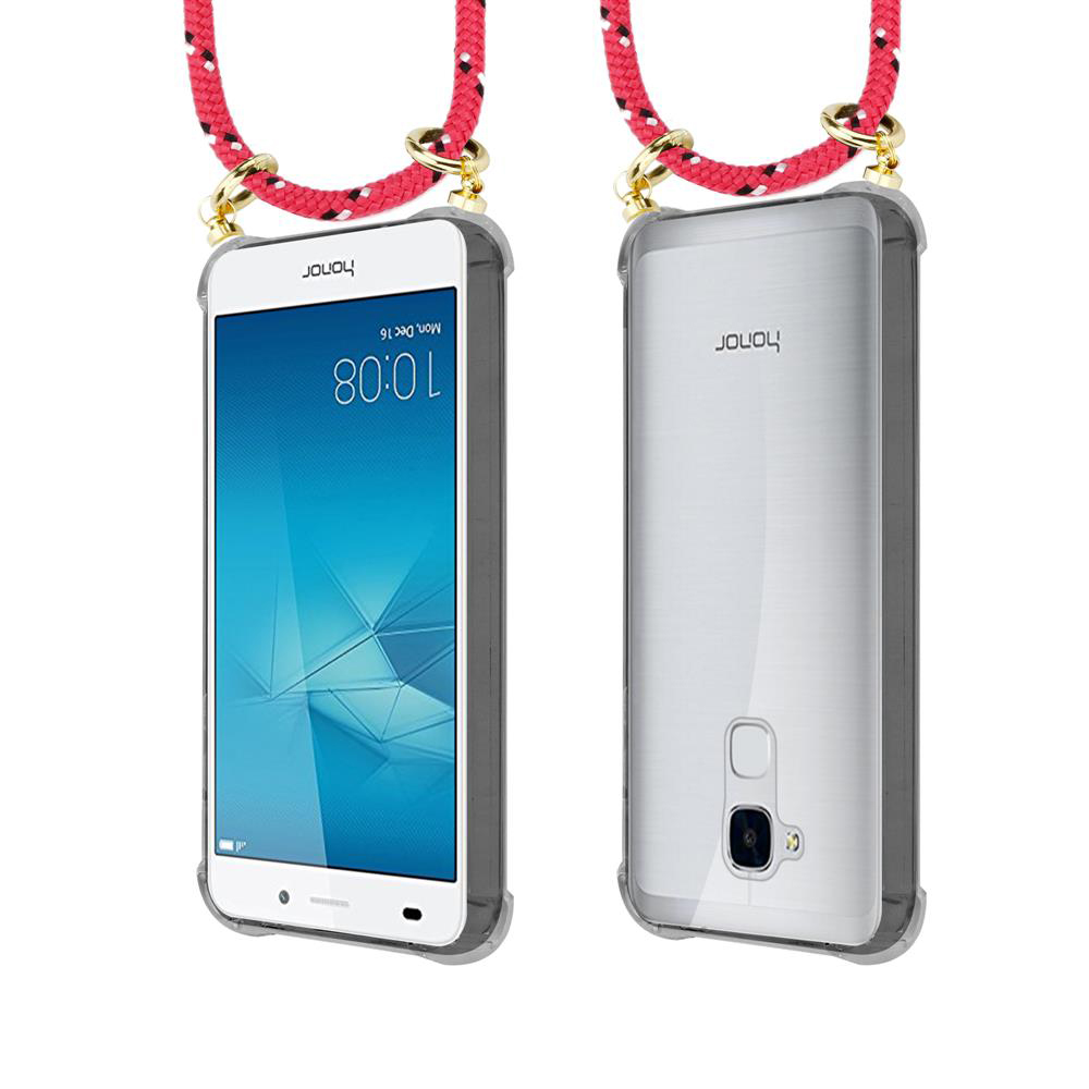 Ein Honor-Smartphone mit rotem Lanyard, Vorder- und Rückansicht.