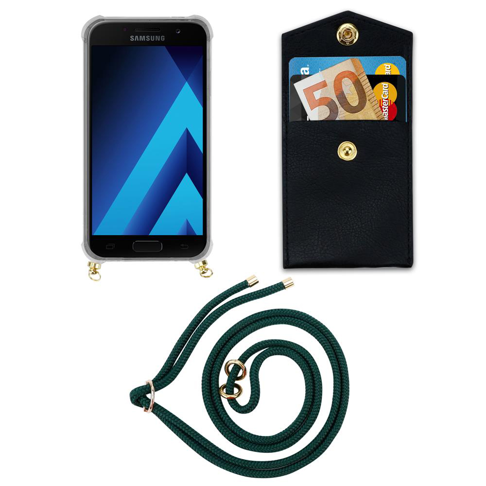 Uno smartphone in custodia, un portafoglio nero con soldi e carte, e un cordino verde.