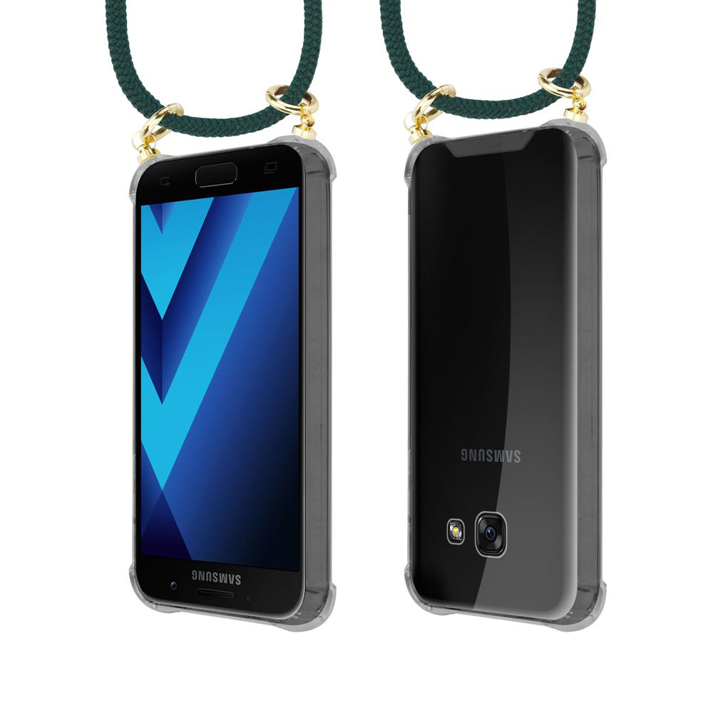Telefono Samsung in custodia trasparente con laccetto, vista frontale e posteriore.