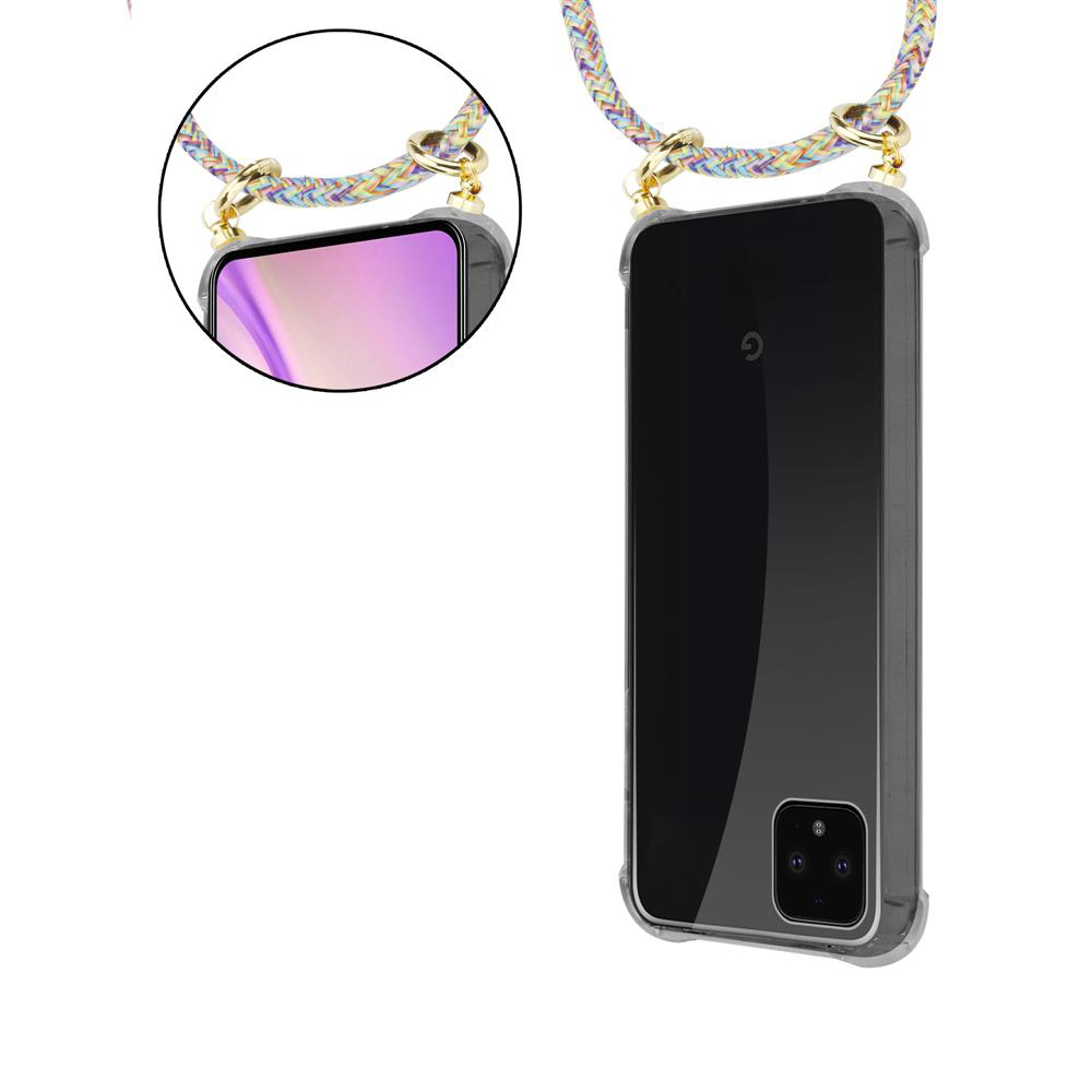 Ein Smartphone in einer durchsichtigen Hülle mit einem bunten Umhängeband.