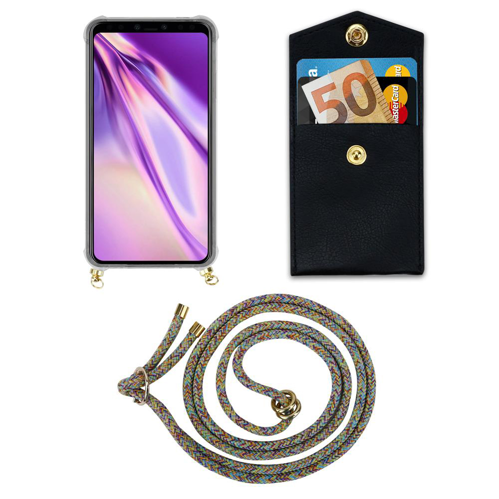 Smartphone mit Hülle, Portemonnaie mit Karten und Bargeld, bunte Kordel.