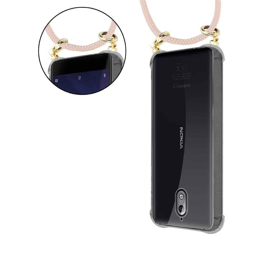 Transparente Hülle mit Kordel für ein Nokia-Smartphone, Vorder- und Rückansicht.
