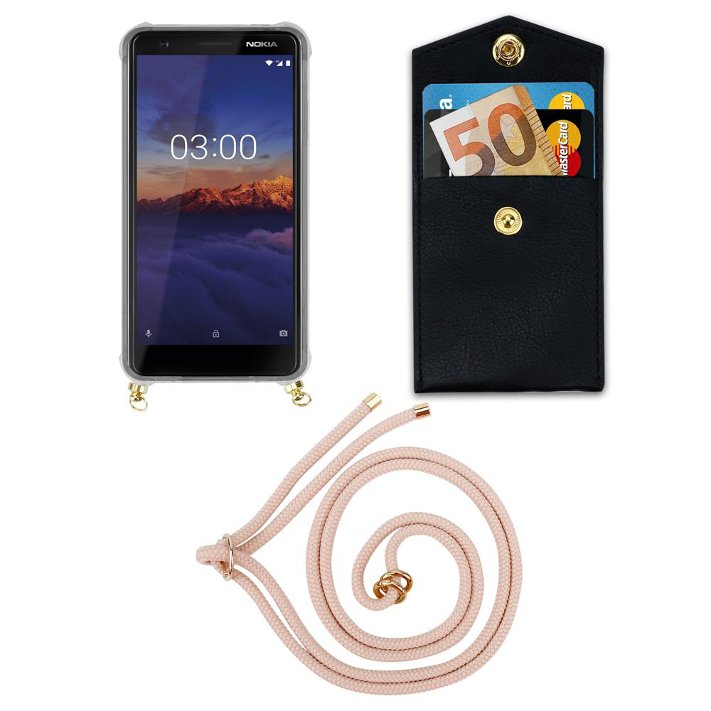 Ein Nokia Smartphone, eine schwarze Brieftasche mit Geld und Karten und eine rosa Kordel auf weißem Grund.