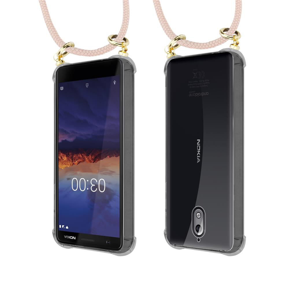 Zwei Ansichten eines Nokia-Smartphones mit transparentem Gehäuse und Band.