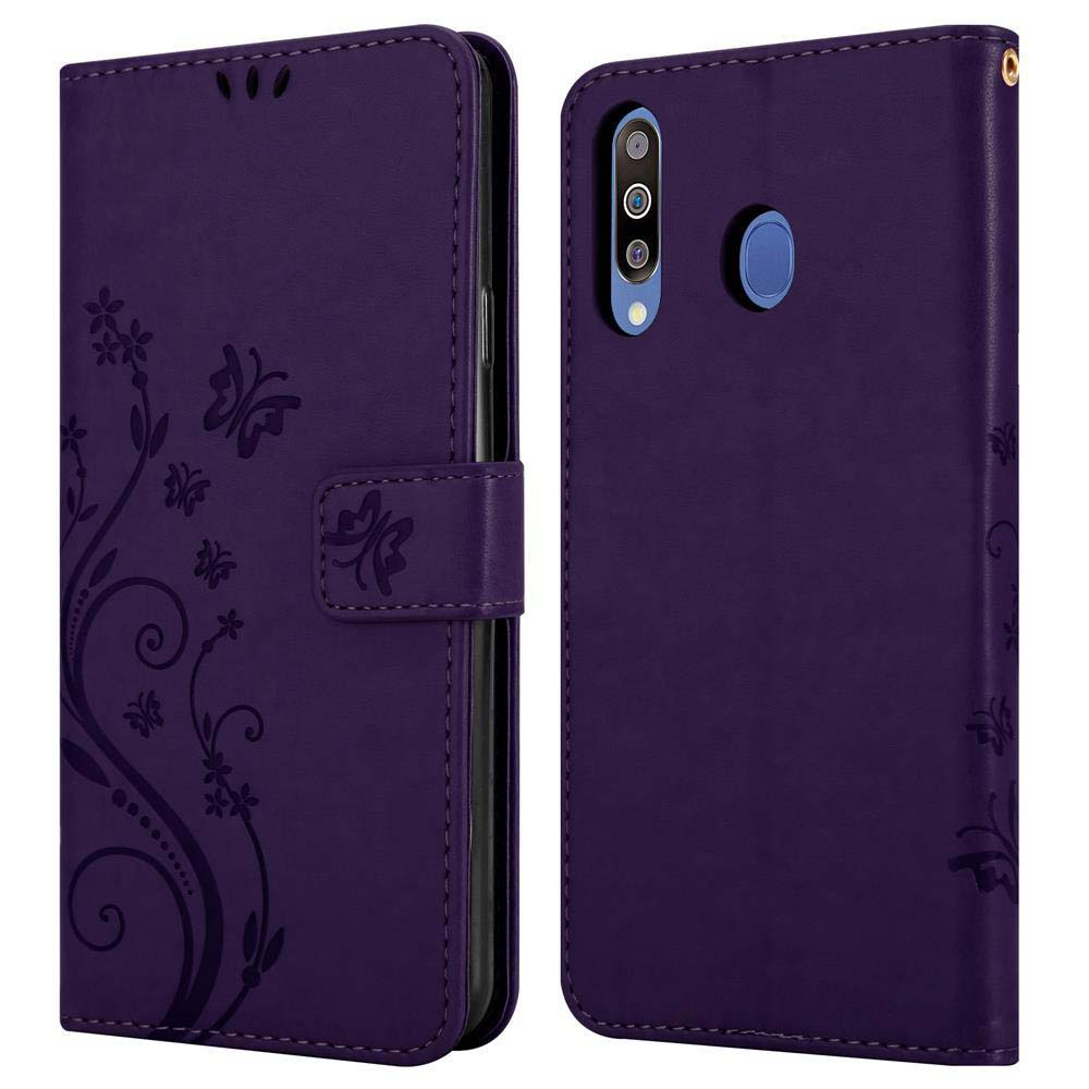 Custodia viola per telefono con motivo a farfalla/floreale, aperta.