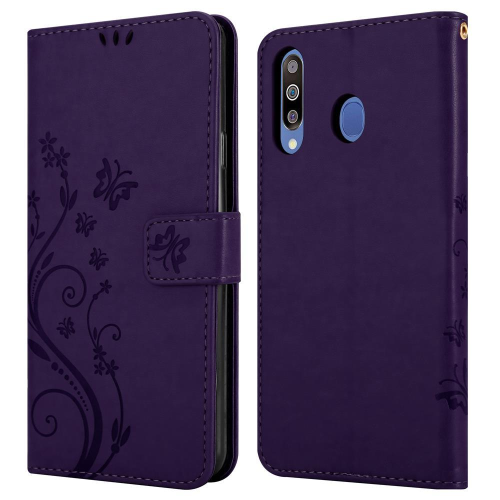 Custodia viola per telefono a libro con motivo floreale, aperta, mostra fronte e retro.