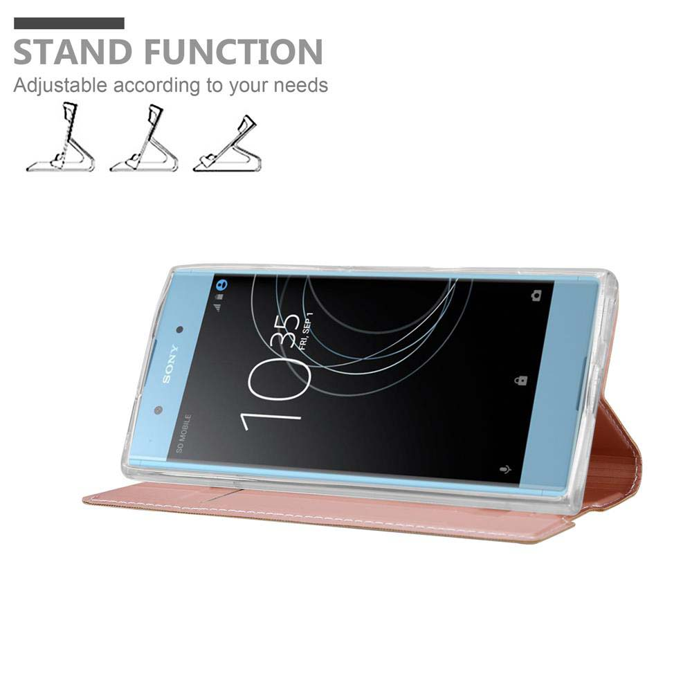 Sony Handyhülle im Aufstellmodus mit drei Winkeln und rosegoldfarbenem Leder.