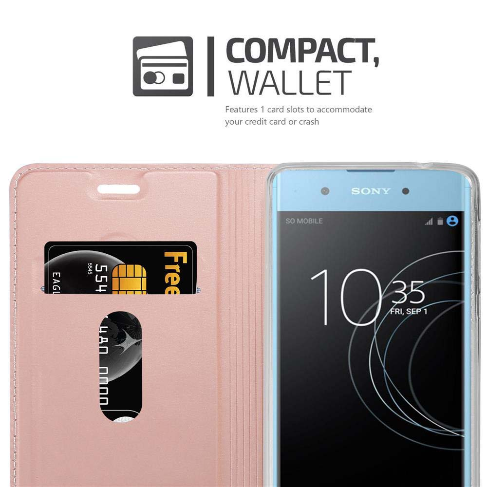 Eine pinke Wallet-Hülle hält ein Handy mit 10:35 Uhr. Karten sind in Schlitzen.