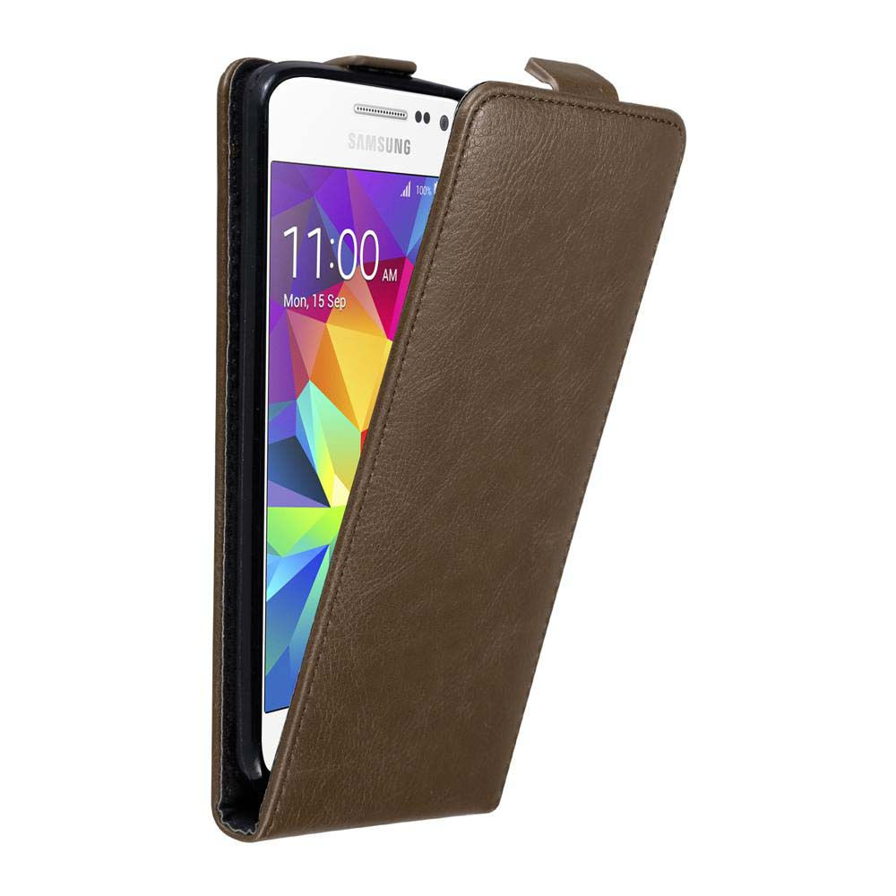 Una funda de cuero marrón se abre revelando un smartphone con un fondo de pantalla colorido.
