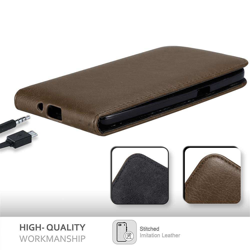Funda de teléfono marrón con cables y vistas de detalles del material.