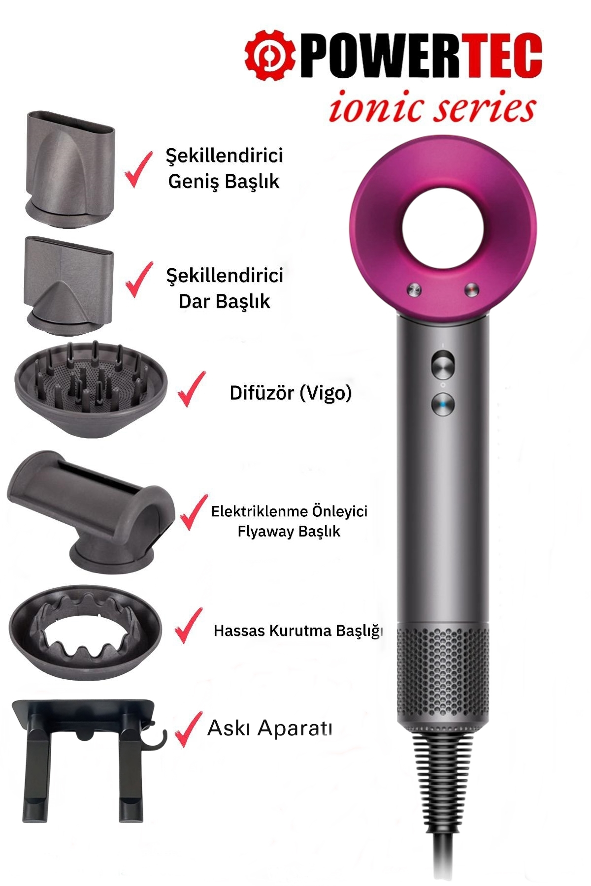 Saç kurutma makinesi aksesuarları: şekillendirici, difüzör, flyaway, nazik kurutucu ve askı.
