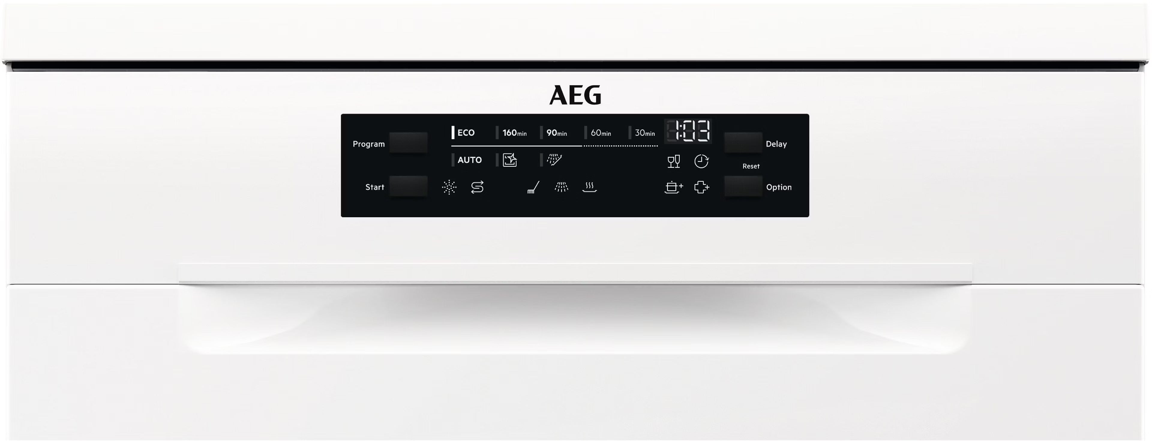 Bedieningspaneel van een witte vaatwasser met AEG-logo en programmaknoppen.