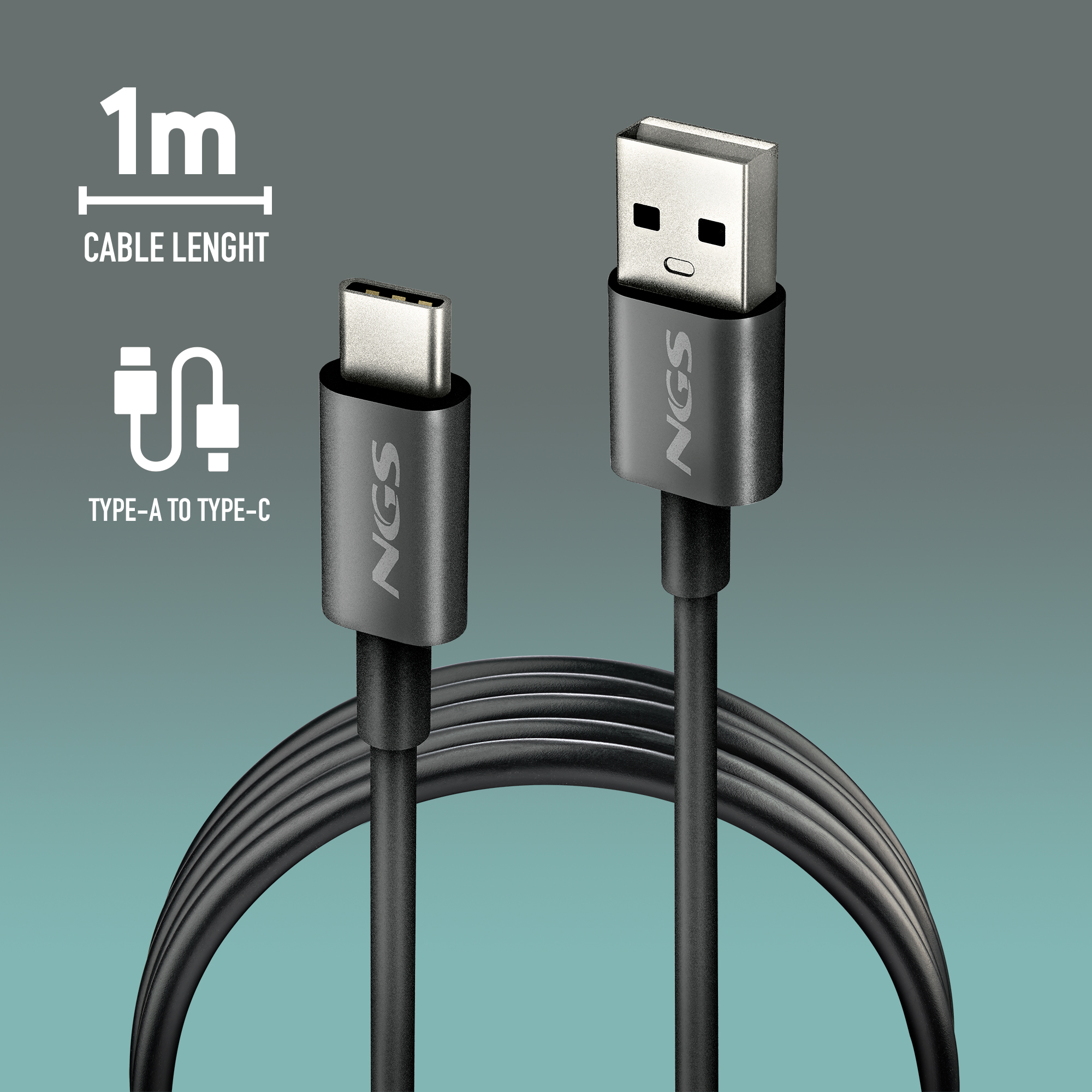 Cavo USB-A a USB-C nero da 1m su sfondo grigio.