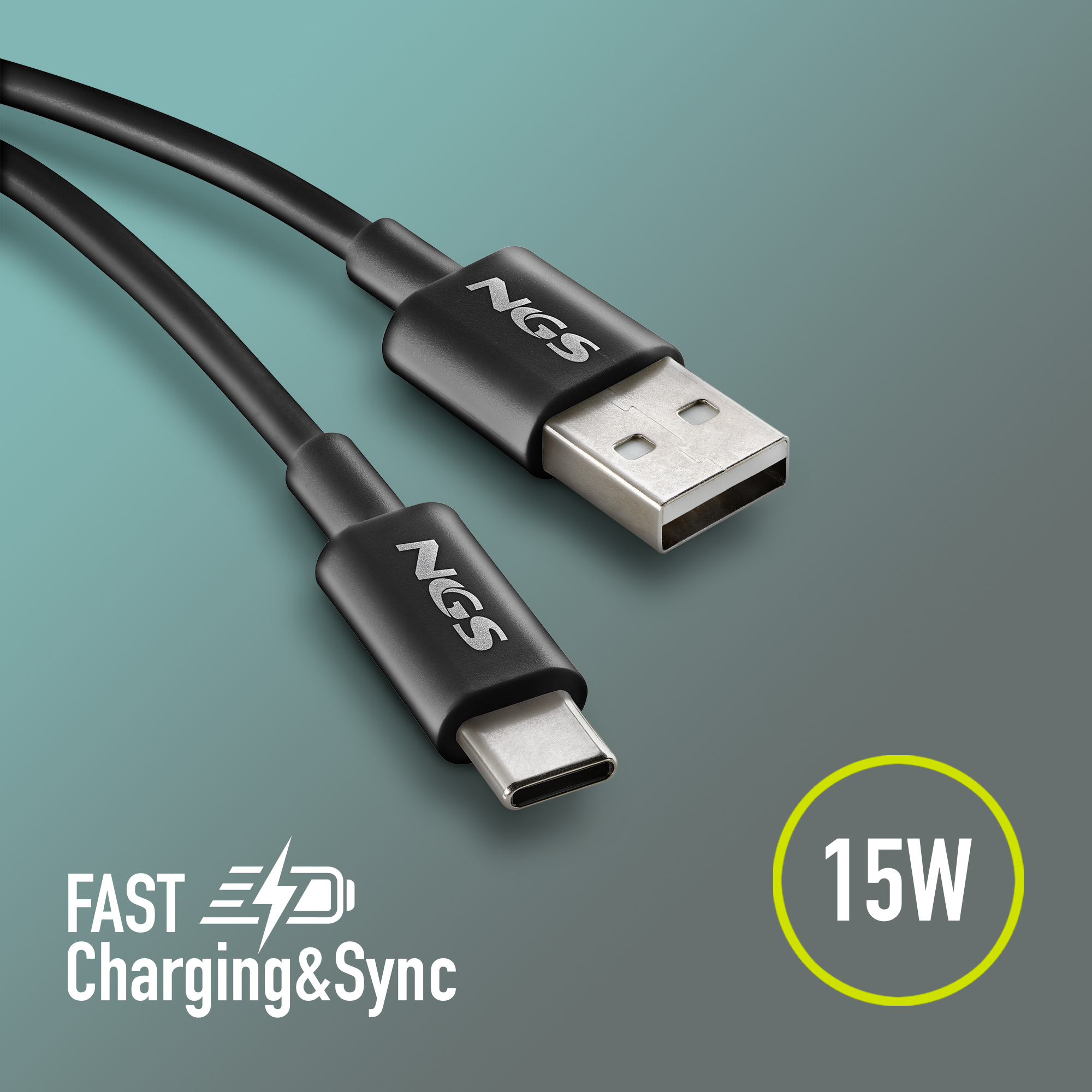 Cavo USB-C a USB-A NGS nero per ricarica rapida (15W).