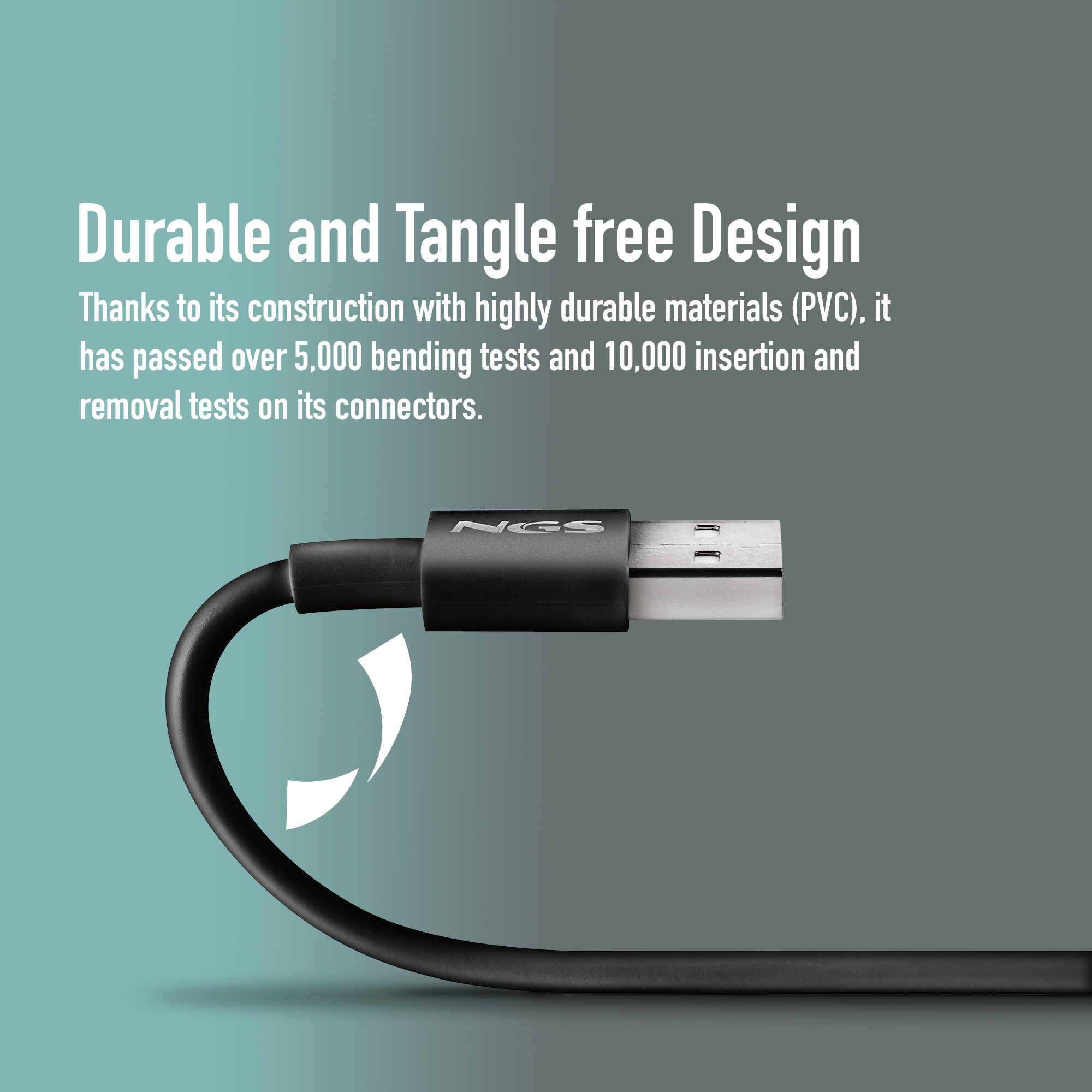 Un cavo USB nero con connettore argentato, testato per la durabilità.