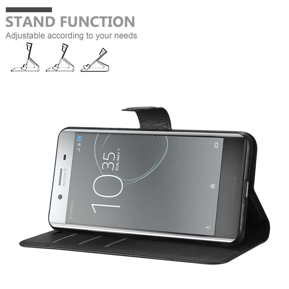 Custodia nera per telefono con funzione stand, mostra un telefono Sony alle 10:35.