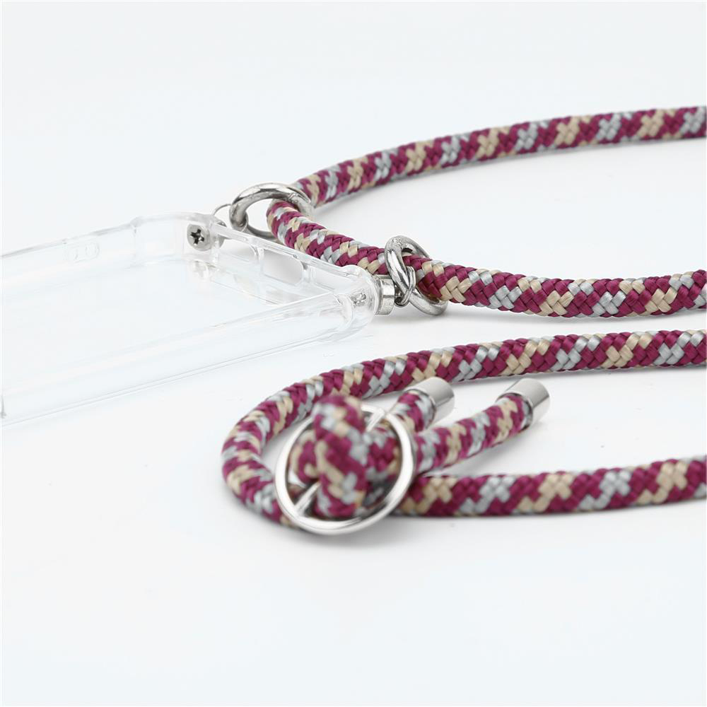 Custodia trasparente con cordino intrecciato rosso, grigio e beige.