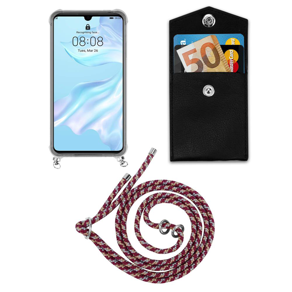 Uno smartphone, un portafoglio nero con soldi e carte, e un cordino.