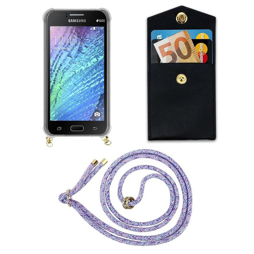 Uno smartphone, un portafoglio nero con soldi e carte, e un cordino viola.