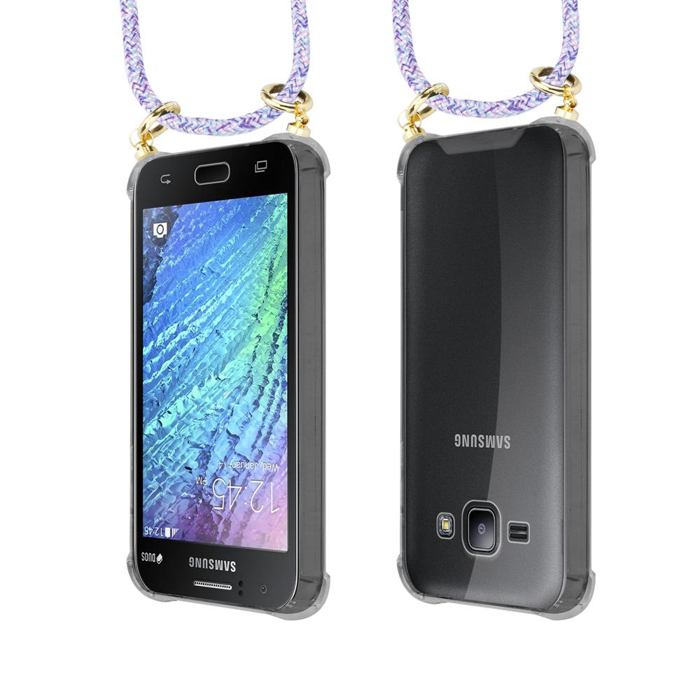 Due smartphone Samsung con cordini, uno mostra lo schermo, l'altro il retro.