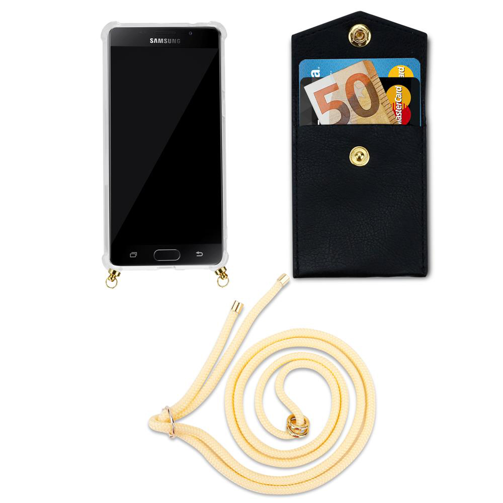 Un estuche negro con billete de 50 euros y tarjetas, junto a un smartphone Samsung.