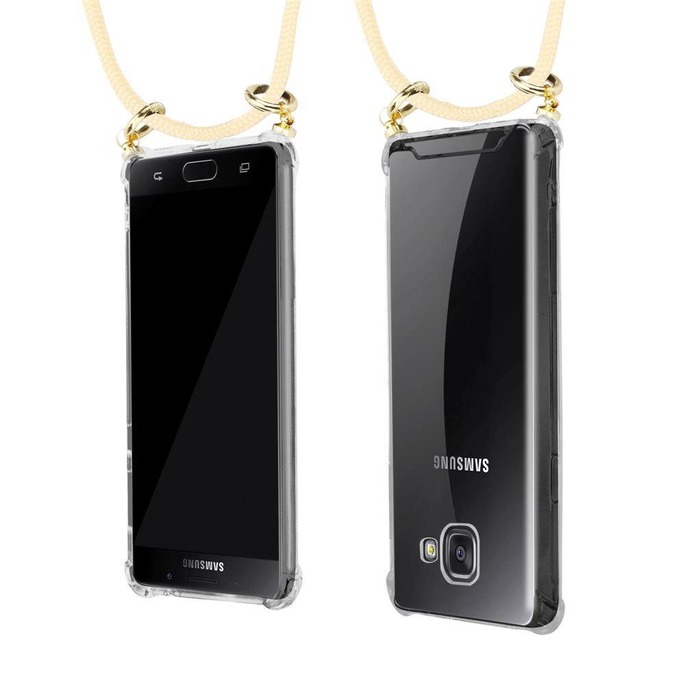 Una funda de teléfono transparente con correa, vista frontal y trasera.
