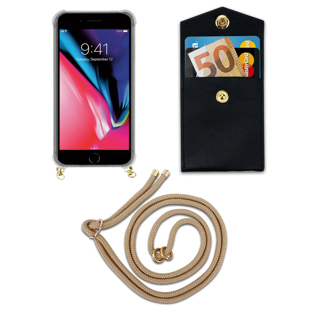 Uno smartphone in custodia, un portafoglio nero con soldi e carte, e un cordino.