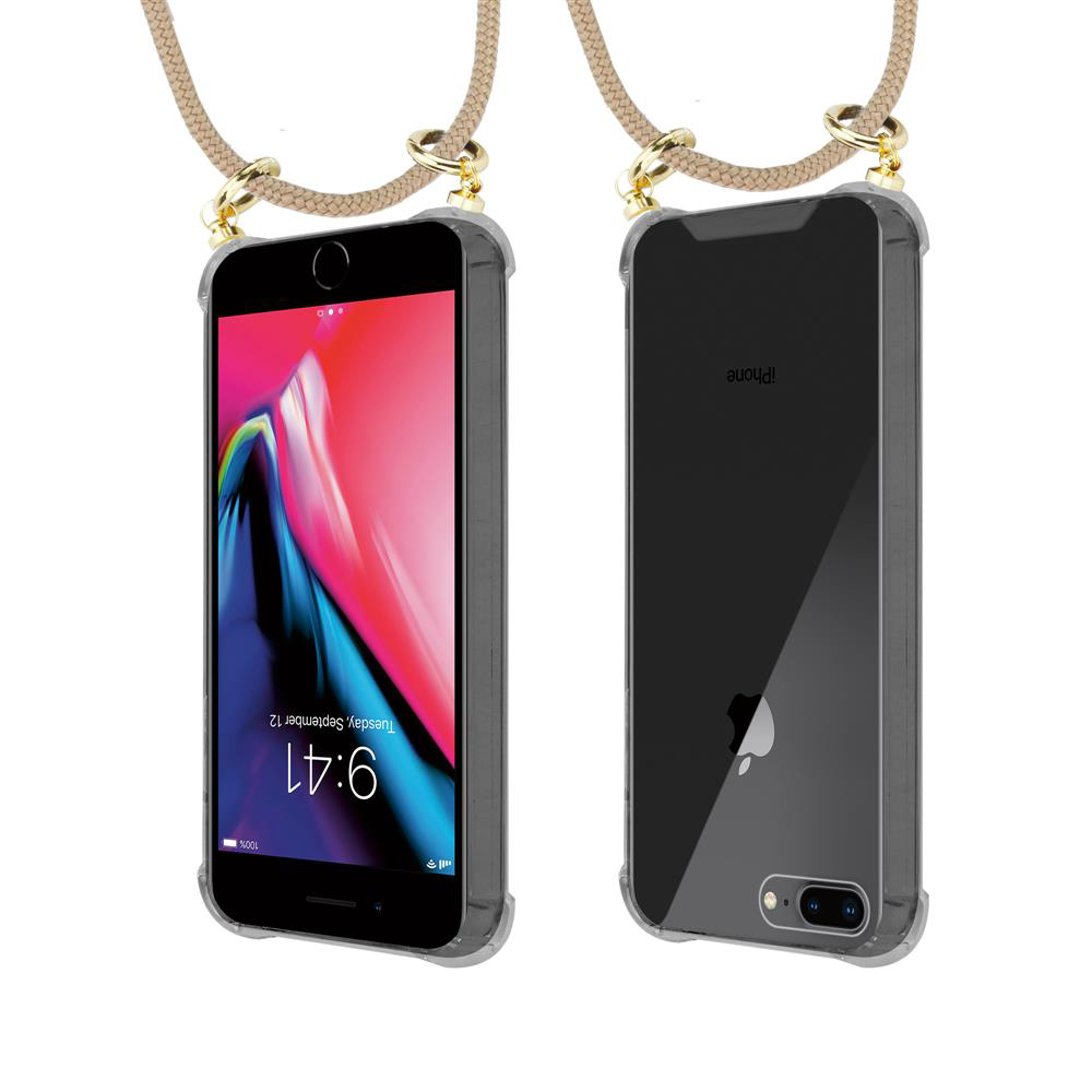 Due iPhone in custodie trasparenti, con cordini. Una vista frontale, una posteriore.