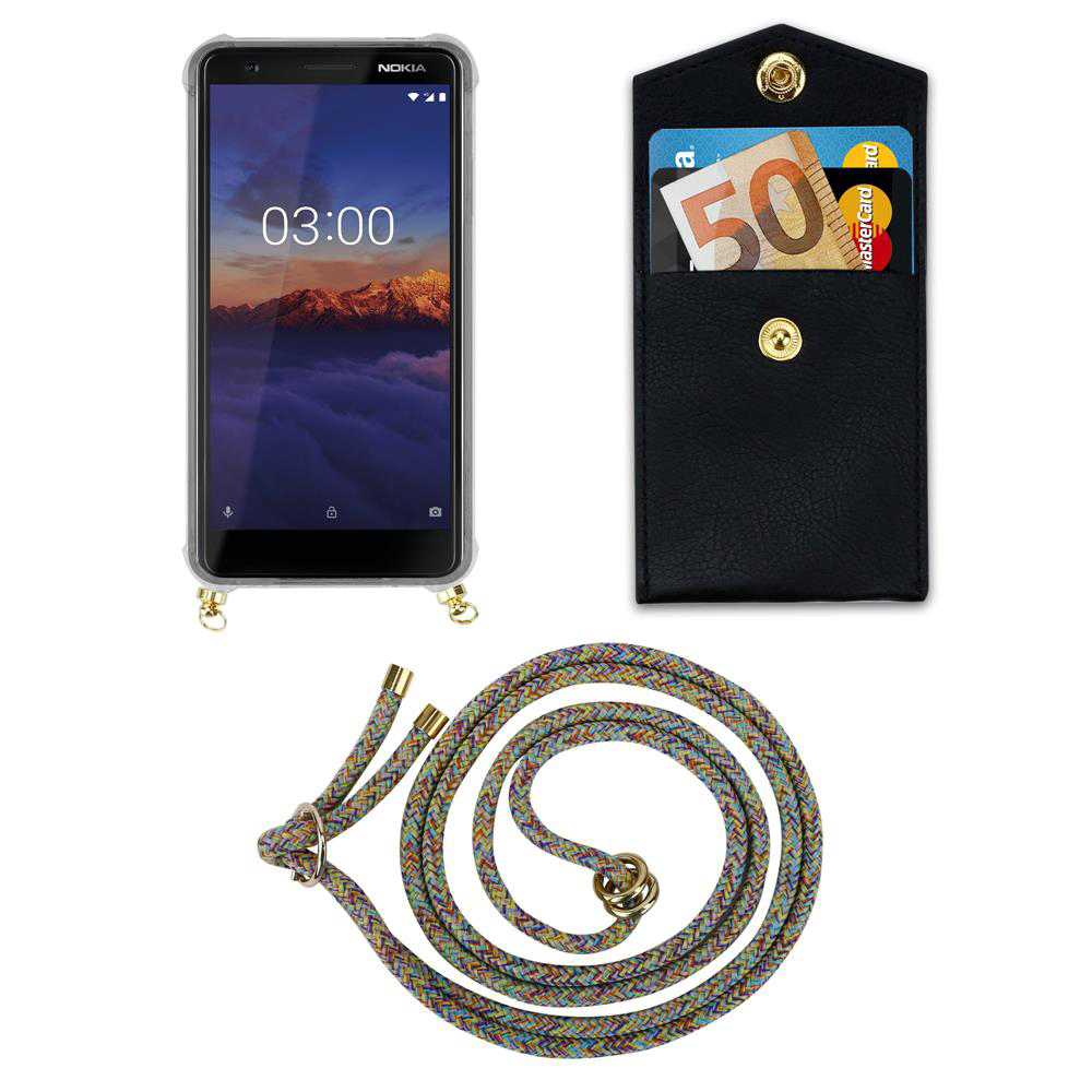 Ein Nokia-Smartphone mit einer schwarzen Brieftasche mit Geld und Karten und einer bunten Kordel.