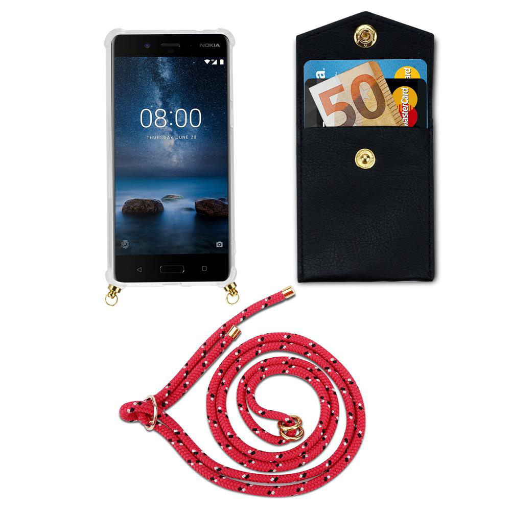 Ein Smartphone mit Hülle, eine schwarze Tasche mit Geld und Karten und eine rote Kordel.