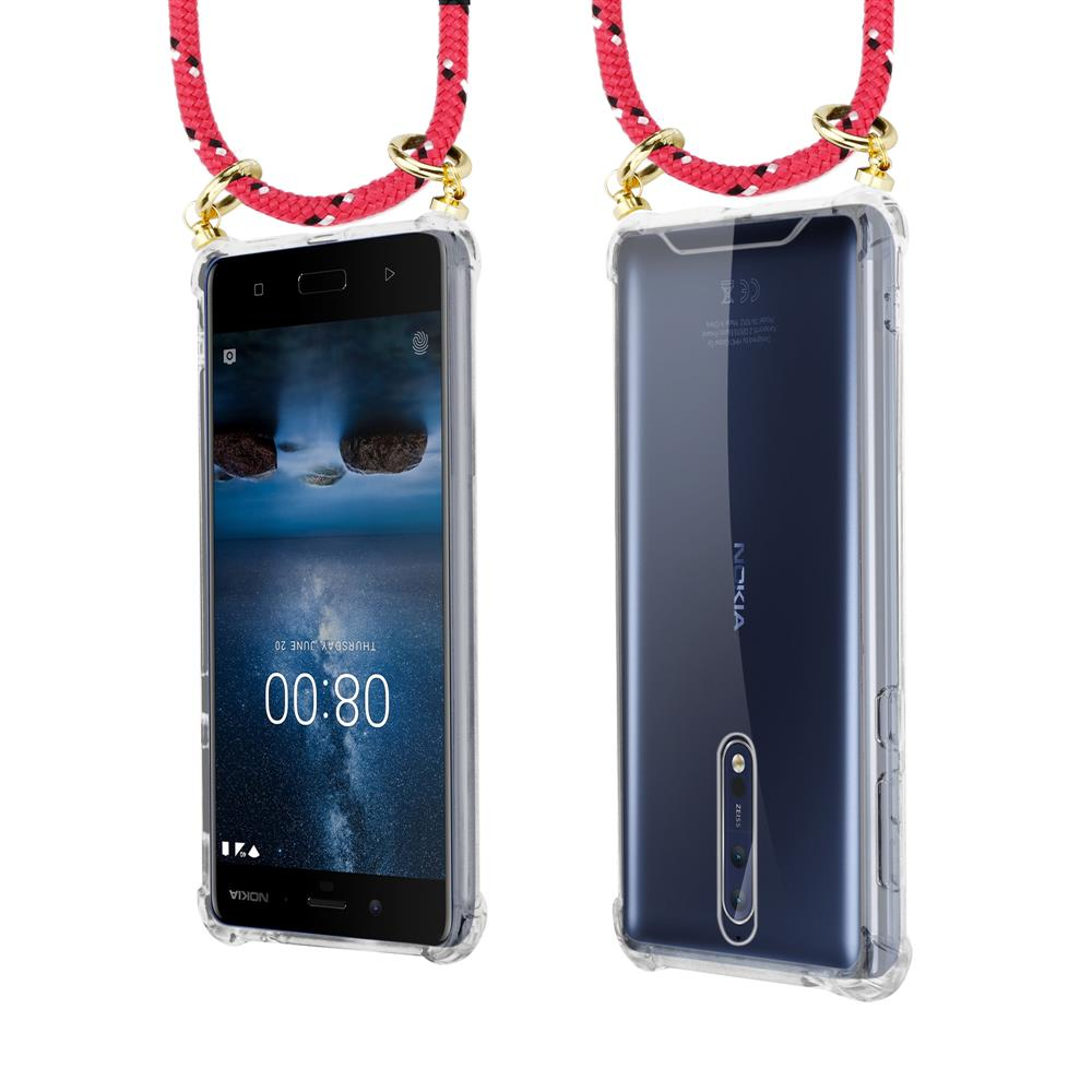 Ein Smartphone mit klarem Gehäuse und rotem Lanyard, Vorder- und Rückansicht.